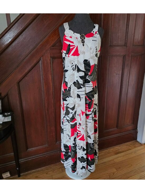 Calvin Klein Dresses & Skirts - Calvin Klein Floral Print Maxi Dress With Gold Ring Detail Red/Black/White  Med.